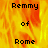 Pixelated text 'Remy of Rome' appears on a fiery orange-yellow background with one frame showing a gray rectangle replacing the lower-right portion.