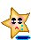 Pixelated star-shaped character with black eyes, blue pupils, pink cheeks, and a red mouth; four variations show different body positions relative to blue rectangular shapes.