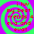 Four identical display red pixelated text on a green and purple spiral background with no visible animation changes