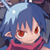 Pixelated anime-style character with blue hair and red eyes wearing a pink scarf against a dark background.