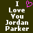 Dark green background with white pixelated text reading "I Love You Jordan Parker" and a pink heart symbol replacing the word "Love" in one version.