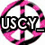 USCY text overlaid on a peace symbol with pink and black coloring, transitioning to a black background with multiple colored peace symbols, then to a multicolored pixelated background.