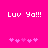 Bright pink background with white pixelated text 'Luv Ya!!!' and two of five light purple heart icons each