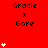 Red background displays repeated "Gracie x Gore" text with white heart icons in varying quantities across three