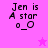 Pixelated text 'Jen is A star o_O' on bright pink background with a small light pink star icon below the text.