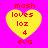 Yellow heart-shaped icon with red text on pink background, displaying 'mash loves loz 4 eva' in pixelated font across four identical frames.