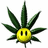 Pixelated green cannabis leaf with seven serrated blades surrounding a yellow circular face featuring two black rectangular eyes.