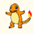 Pixelated orange Pokémon character with yellow belly and red flame tail, shown in two side-by-side animation frames on a light background.