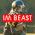 A pixelated figure in a helmet and uniform holds a football, with red text reading "IM BEAST" overlaid on the left side.