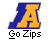 Pixelated graphic featuring a large blue and yellow stylized 'A' above black text reading 'Go Zips' on gray background.