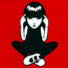 Pixelated icon of a figure with black hair and bangs, wearing a black dress and white shoes, sitting cross-legged with hands covering ears against a solid red background.