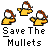 Pixelated character in yellow shirt and brown hair with multiple poses, text "Save The Mullets" below each pose, orange explosion effect labeled "Too Late".