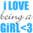 Static pixelated icon with blue text and gray handwritten-style text on white background, featuring "I LOVE" at top, partial "being" in middle, and "GIRL <3" at bottom with heart symbol.
