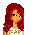 Pixel art avatar of a woman with red hair wearing a white 'GAP' shirt and orange pants, standing next to a golden statue with text 'Golden baby' below.