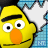 Yellow cartoon character with orange nose and black eyebrows, blue background, white star-shaped speech bubble, and text "Bert" in white and cyan