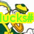 Animated pixel art of a cartoon duck with green hat and yellow text overlays on white background.