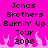 Pixelated text on bright pink background with flame-like shapes at bottom, displaying 'Jonas Brothers Burnin' Up Tour 2008'.