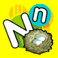 Yellow background with green and orange striped shapes, large white 'N' letter, brown nest with two white eggs, blue circle containing lowercase 'n', small blue bird with red beak flying near the 'N'.