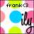 Pixelated icon with 'frank<3' text above a blue circle and 'ily' script, surrounded by pink and green shapes on white background.