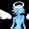 Pixelated static icon of a light blue and white figure with dark accents against black background, featuring a rounded head shape and vertical body structure.