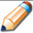 A pencil-shaped icon with orange body, blue and red accents appears in multiple states including text overlays.
