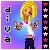 Pixelated 256x256 static image of a cartoon female character with blonde hair, pink bow, and blue outfit against purple-blue gradient background.