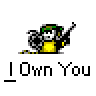 Animated contact sheet of a yellow cartoon character with green hat holding black stick, performing shooting animation across 15 frames on gray background with "I Own You" text below each frame.