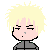 Pixelated character with spiky blonde hair, closed eyes, and a gray jacket; one version has a blue sweat drop on the head.