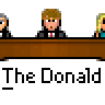 Pixel art contact sheet showing multiple frames of an animated icon featuring a courtroom scene with repeated characters and text elements.