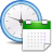 A pixelated clock with blue outer ring and white face overlaps a green-and-white calendar grid with purple date markers.