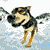 Four pixelated dog images arranged in a showing different poses and expressions against a snowy background