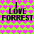 Bright green background with repeating pink heart pattern, black text reading "I LOVE FORREST FORREST" in two mirrored