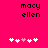 Pixelated text 'macy ellen' above two of white and pink heart icons on a bright pink background