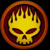 Static circular icon featuring a stylized yellow skull with red accents inside an orange-brown ring on black background.