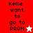 Pixelated text reads "Kellie want to go to PROM" with a star symbol, displayed across red and white backgrounds.
