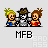 Pixel art of three cartoon characters with speech bubbles and text labels, showing animation changes across frames.