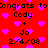 Red background with repeated black text and pink hearts, displaying congrats to Cody + Jo 2/4/08 in pixelated style.