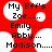 Red background with white circular and star-shaped elements, displaying text 'My Bff's Zoe...... Emily..... Abby.... Madison.....' in black pixelated font.