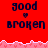Red background with pixelated text 'good' above a heart symbol and 'broken' below, repeated in two separated by pink wave pattern