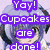 Pixelated of six distinct cartoon-style icons featuring anime characters, animals, and food items with overlaid text in various colors