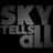 Monochrome pixelated text 'SKY TELLS ALL' repeated in a pattern with partial transparency on black background