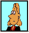 Pixelated cartoon character with light brown hair in a high ponytail, wearing black jacket and red shirt against light blue background.