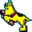 Yellow cartoon dog with red collar and purple nose in six sequential poses showing movement from left to right across a gray background.