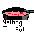 Animated sequence of a black frying pan with pink liquid, featuring changing character poses and expressions above it.