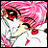 Pixelated anime-style character with pink hair and red eyes on left, black background with white text 'Anime IM' and signature on right.