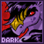 Purple dragon head with yellow horns and red eyes, mouth open showing red tongue, red circular background elements, 'DARK' text at bottom, animated white star and 'X' symbols appear and disappear.