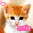 Pixelated orange and white cat with black eyes, pink heart in top-left corner, 'cutie' text at bottom.