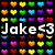 Pixelated of colorful heart shapes with white text 'Jake<3' overlaid on black background