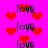 A vibrant pink background features scattered red pixelated hearts and repeated dark purple 'love' text in a pattern