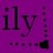 Purple background with dark pixelated text 'ily' and scattered small square shapes.